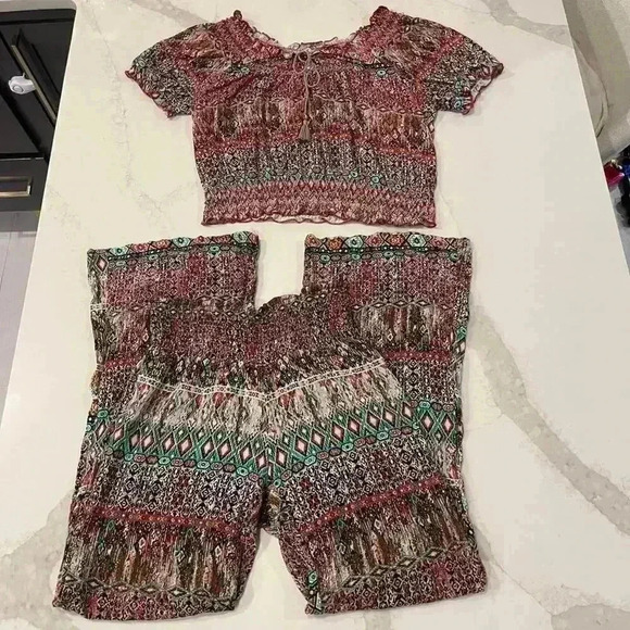 American Rag Cie Boho Smocked Matching Set Womens Small Cropped Shirt Wide Leg - Picture 1 of 9